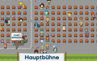 Hier sieht man Teilnehmende (Avatare) vor der Hauptbühne des ECD.