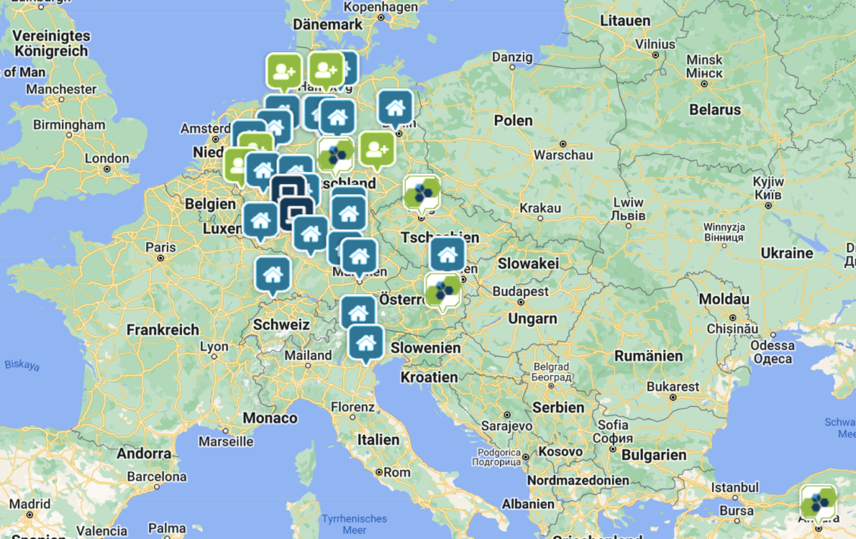 Hier sieht man eine Landkarte und Ortsmarker, bei denen Aktionen zum ECD stattgefunden haben.