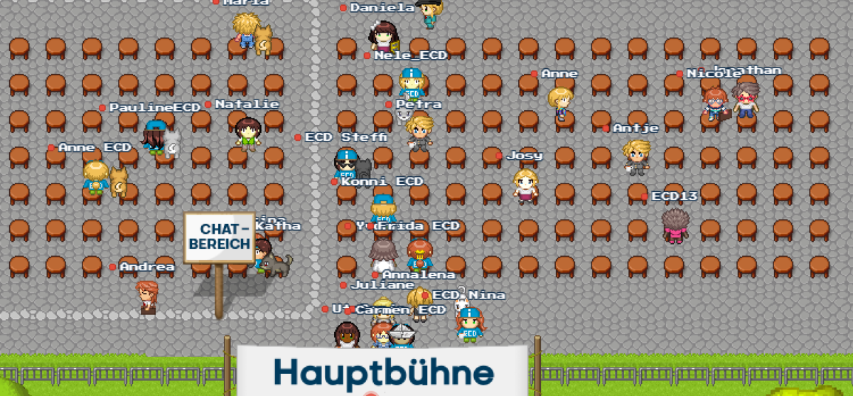 Hier sieht man Teilnehmende (Avatare) vor der Hauptbühne des ECD.